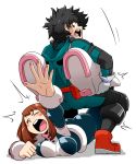  1girl ass blush_stickers bodysuit boku_no_hero_academia boston_crab breasts closed_eyes commentary_request freckles highres large_breasts midoriya_izuku open_mouth reaching_out sakasa_gurasan sweatdrop tears uraraka_ochako wrestling 