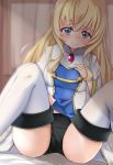  aono_(f_i_s) bangs bed_sheet black_panties blonde_hair blue_eyes blurry blurry_background blush bow bow_panties breasts brooch closed_mouth commentary_request curtains depth_of_field dress dress_lift eyebrows_visible_through_hair goblin_slayer! hair_between_eyes hand_on_own_chest hand_up indoors jewelry knees_up lifted_by_self long_hair medium_breasts panties pee peeing peeing_self priestess_(goblin_slayer!) sidelocks sitting solo spread_legs tears thighhighs underwear very_long_hair white_dress white_legwear 