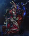  1girl ass_grab bodysuit breasts claws commentary english_commentary excalibur_(warframe) glowing hand_on_another's_chest inkary looking_at_another restraints sitting standing standing_on_one_leg tail tumblr_username valkyr_(warframe) vkontakte_username warframe watermark 