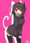  animal_ears artist_name ayataka black_legwear black_sweater breasts brown_hair candy cat_ears cat_tail clothes_tug commentary_request different_shadow food garter_straps hair_bobbles hair_ornament highres long_sleeves original purple_eyes short_hair short_shorts shorts side_ponytail silhouette simple_background sleeves_past_wrists solo sweater sweater_tug tail thighhighs 