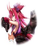  bangs bat_wings black_sleeves black_wings blue_eyes blush breasts commentary_request detached_sleeves elizabeth_bathory_(fate) elizabeth_bathory_(fate)_(all) eyebrows_visible_through_hair fate/grand_order fate_(series) fingernails from_side fujimaru_ritsuka_(male) hair_between_eyes hair_ribbon highres japanese_clothes kimono kimura_shuuichi long_hair long_sleeves looking_at_viewer looking_to_the_side nipples oni_horns pink_hair pointy_ears profile purple_kimono purple_ribbon ribbon sidelocks simple_background sleeveless sleeveless_kimono small_breasts solo_focus two_side_up upper_body very_long_hair white_background wings 