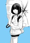  absurdres backpack bag bangs blue_background choker commentary_request cowboy_shot cup dytm greyscale highres holding holding_cup hood hoodie jewelry long_sleeves looking_at_viewer monochrome necklace original short_hair shorts simple_background sleeves_pushed_up solo umbrella 