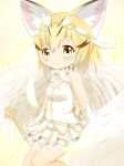  alternate_costume animal_ear_fluff animal_ears bangs bare_shoulders blonde_hair blush brown_eyes cat_ears closed_mouth commentary_request dress elbow_gloves eyebrows_visible_through_hair feathered_wings gloves glowing gradient_hair hair_between_eyes hair_ornament highres holding holding_staff kemono_friends multicolored_hair sand_cat_(kemono_friends) shin01571 smile solo staff white_dress white_gloves white_hair white_wings wings 