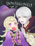  1girl akina_(akn_646) candy circlet commentary_request fire_emblem fire_emblem:_kakusei fire_emblem_heroes food gloves green_hair halloween_costume happy_halloween hat henry_(fire_emblem) lollipop long_hair long_sleeves mamkute nono_(fire_emblem) open_mouth pointy_ears purple_eyes short_hair sleeves_past_fingers sleeves_past_wrists white_gloves white_hair witch_hat 