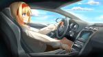  alice_margatroid alternate_costume bangs blonde_hair blue_eyes blue_sky blush car_interior closed_mouth cloud commentary_request contemporary day driving eyebrows_visible_through_hair hairband highres leaning_back long_sleeves looking_away red_hairband short_hair sitting sky smile solo sweater touhou white_sweater yuki_(snowmaiden) 