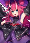  :d arm_up armpits bangs black_bow black_sleeves blue_eyes blush bow breasts commentary detached_sleeves elizabeth_bathory_(fate) elizabeth_bathory_(fate)_(all) eyebrows_visible_through_hair fang fate/grand_order fate_(series) hair_between_eyes hair_bow hair_ribbon holding holding_umbrella horns japanese_clothes karokuchitose kimono long_hair long_sleeves multicolored_hair oni_horns open_mouth oriental_umbrella pink_hair pointy_ears purple_kimono purple_ribbon purple_umbrella ribbon sleeveless sleeveless_kimono small_breasts smile solo streaked_hair symbol_commentary two_side_up umbrella very_long_hair white_background white_hair 