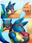  2018 ahegao anthro anthro_on_anthro black_fur blue_eyes blue_fur breasts charizard comic deerrobin duo erection female fur knot looking_pleasured lucario male male/female nintendo nude open_mouth oral orange_skin outside penis pok&eacute;mon pok&eacute;mon_(species) spike_(disambiguation) tongue tongue_out video_games yellow_fur 