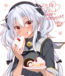  1girl cake dark_skin eating food forehead fruit glasses grey-framed_eyewear hair_between_eyes hairband happy_birthday headgear highres kantai_collection long_hair musashi_(kantai_collection) orange_eyes pointy_hair rectangular_eyewear remodel_(kantai_collection) sailor_collar sakuramon semi-rimless_eyewear silver_hair slice_of_cake solo strawberry strawberry_shortcake two_side_up white_background 