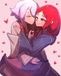  2girls blush chariot_du_nord couple croix_meridies heart hug incipient_kiss little_witch_academia multiple_girls omiza_somi pink_background purple_hair red_hair robe shiny_chariot simple_background ursula_charistes yuri 