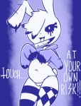  2018 annie_(disambiguation) anthro bottomless clothed clothing creepy crop_top cursed dialogue disfigure english_text female hair_over_eyes hoodie knife lagomorph legwear looking_at_viewer mammal monochrome navel pussy rabbit shirt slightly_chubby solo standing text thigh_highs tongue tongue_out zalgo 