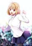 :d antenna_hair arcueid_brunestud black_legwear blonde_hair blue_skirt blurry blurry_background dated eyebrows_visible_through_hair hair_between_eyes jewelry miniskirt necklace nina_(pastime) open_mouth pantyhose pleated_skirt red_eyes short_hair skirt smile solo sweater tsukihime twitter_username white_sweater 