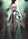  aqua_eyes arms_at_sides bangs blurry blurry_background bodysuit breasts claws closed_mouth expressionless eyebrows_visible_through_hair eyes_visible_through_hair feet_out_of_frame highres humanization josh5330 looking_at_viewer medium_breasts short_hair silver_hair solo sparks spikes standing valkyr_(warframe) valkyr_prime_(warframe) warframe wire 