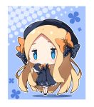  :&lt; abigail_williams_(fate/grand_order) bangs black_bow black_dress black_footwear black_hat blonde_hair bloomers blue_eyes blush bow bug butterfly chibi closed_mouth commentary dress fate/grand_order fate_(series) forehead full_body hair_bow halftone hat insect long_hair long_sleeves looking_at_viewer mary_janes milkpanda orange_bow parted_bangs polka_dot polka_dot_bow shoes sleeves_past_fingers sleeves_past_wrists solo standing underwear very_long_hair white_bloomers 