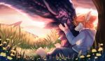  anthro clothed clothing dragon eyes_closed feral flower fur furred_dragon grass hair hug invalid_color kinniro kutto male orange_hair plant sunset warm yellow_fur 