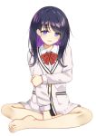  arm_grab bangs barefoot black_hair black_skirt blush bow bowtie cardigan commentary eyebrows_visible_through_hair feet flan_(seeyouflan) full_body grabbing_own_arm head_tilt highres indian_style jacket ke-ta_(style) long_hair looking_at_viewer microskirt open_mouth pleated_skirt pocket purple_eyes red_bow red_neckwear shirt simple_background sitting skirt smile solo ssss.gridman takarada_rikka white_background white_jacket white_shirt 
