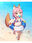  animal_ear_fluff animal_ears bangs bare_shoulders beach bikini blue_bikini blush bracelet brown_footwear brown_hair commentary_request day eyebrows_visible_through_hair fate/grand_order fate_(series) flat_chest food food_in_mouth fox_ears fox_girl fox_tail highres holding holding_innertube innertube jewelry langbazi letterboxed long_hair looking_at_viewer mouth_hold navel necklace outdoors pink_hair popsicle revision sand sandals side-tie_bikini sidelocks signature solo standing standing_on_one_leg starfish swimsuit tail tail_raised tamamo_(fate)_(all) tamamo_no_mae_(swimsuit_lancer)_(fate) water younger 