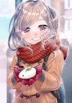  absurdres backpack bag blue_sky blurry blurry_background blush brown_coat coat day gloves highres ichimonjikun2 long_hair original outdoors parted_lips plaid plaid_scarf red_gloves red_scarf scarf silver_hair sky smile snow_bunny snowing solo unmoving_pattern upper_body 