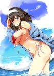  arm_behind_back bikini black_hair blue_eyes blue_shirt blue_sky blush breasts cloud cloudy_sky commentary_request day drop_shadow front-tie_bikini front-tie_top hanchou_(shirokun555) idolmaster idolmaster_cinderella_girls leaning_forward long_hair long_sleeves looking_at_viewer medium_breasts navel no_pants ocean open_clothes open_mouth open_shirt outdoors parted_lips red_bikini sagisawa_fumika shading_eyes shirt side-tie_bikini sky smile solo standing sun sunlight swimsuit thighs wading 