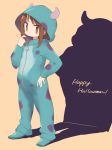  bad_id bad_twitter_id brown_eyes brown_hair closed_mouth expressionless eyebrows_visible_through_hair flying_sweatdrops full_body hand_on_hip happy_halloween highres long_hair looking_at_viewer okano_kei okayparium onesie shadow solo standing yuyushiki zipper zipper_pull_tab 