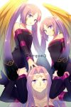  boots carrying carrying_over_shoulder cis05 cosplay detached_sleeves euryale facial_mark fate/grand_order fate/hollow_ataraxia fate_(series) forehead_mark gorgon_(fate) gorgon_(fate)_(cosplay) multiple_girls purple_eyes purple_hair rider rider_(cosplay) siblings sisters snake_hair stheno thigh_boots thighhighs twintails wings 