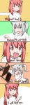  &gt;_&lt; 5koma absurdres american_chopper anger_vein angry animal_ears blue_eyes cat_ears catstudioinc_(punepuni) chair comic commentary emphasis_lines english english_commentary eyebrows_visible_through_hair facebook fang grey_hair highres long_hair mashiro_(miku_plus) meme multiple_girls original parody pink_eyes pink_hair ponytail puni_(miku_plus) subtitled throwing truth 