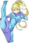  bangs blonde_hair blue_bodysuit blue_eyes bodysuit breasts cameltoe covered_nipples enpe eyebrows_visible_through_hair high_kick highres kicking large_breasts leg_up long_hair metroid mole mole_under_mouth open_mouth ponytail samus_aran simple_background solo teeth v-shaped_eyebrows white_background zero_suit 