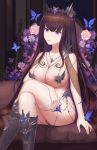  absurdres bare_shoulders black_legwear blue_butterfly breasts brown_hair bug butterfly cleavage crossed_legs flower gem highres indoors insect jewelry large_breasts long_hair necklace original purple_eyes revealing_clothes rinmmo sitting solo thighhighs thighs 