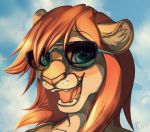  anthro biped cougar eyebrows eyelashes eyewear fangs feline female feoi hair happy long_hair looking_at_viewer mammal open_mouth signature smile solo sunglasses tailung teeth tongue whiskers 