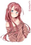  alternate_costume blue_eyes blush closed_mouth ebifurya eyebrows_visible_through_hair hair_flaps hair_ribbon hairband highres kantai_collection kawakaze_(kantai_collection) long_hair long_sleeves looking_at_viewer low_twintails red_hair ribbon simple_background solo twintails very_long_hair white_background 