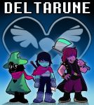  absolutedream axe boss_monster caprine delta_rune deltarune dragon english_text eyewear glasses hat hi_res human kris_(deltarune) mammal melee_weapon ralsei scarf sharp_teeth spikes susie_(deltarune) sword teeth text undertale video_games weapon 