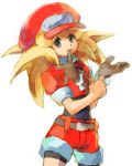  belt bike_shorts blonde_hair breasts brown_gloves buttons cabbie_hat commentary_request dinef gloves green_eyes hat jacket long_hair looking_at_viewer open_mouth red_jacket rockman rockman_dash roll_caskett short_sleeves shorts smile solo 
