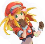  blonde_hair breasts brown_gloves buttons cabbie_hat commentary_request dinef gloves green_eyes hat jacket long_hair looking_at_viewer red_jacket rockman rockman_dash roll_caskett short_sleeves solo 