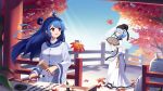  ahoge autumn_leaves bili_girl_22 bili_girl_33 bilibili_douga blue_hair calligraphy_brush closed_eyes day fan fence folding_fan highres holding_brush ink light_blue_hair long_hair looking_at_another multiple_girls official_art outdoors paintbrush pink_eyes shadow sharlorc short_hair standing sunlight tree wide_sleeves writing 