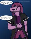  ambiguous_gender anthro bracelet clothed clothing deltarune dialogue enroshiva girly jacket jewelry monster scalie sharp_teeth spiked_bracelet spikes susie_(deltarune) teeth video_games 