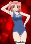  1girl arm_behind_head bare_shoulders collarbone covered_navel female legs medium_breasts mikakunin_de_shinkoukei mound_of_venus name_tag open_mouth pink_hair red_background school_swimsuit short_hair solo swimsuit two_side_up wavy_mouth yonomori_kobeni 