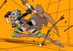  arrow ass boots bow_(weapon) cape commentary_request elf gangure_(disemboweled) gloves goblin_slayer! green_eyes green_hair high_elf_archer_(goblin_slayer!) long_hair open_mouth pointy_ears shorts sidelocks solo thighhighs weapon 