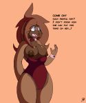  5_fingers anthro areola artesderatzyu big_breasts biped bow_tie breasts brown_areola brown_background brown_ears brown_fur brown_hair brown_nipples brown_nose bunny_costume clothed clothing costume dialogue english_text eyelashes female fur hair hazel_(artesderatzyu) hi_res lagomorph leotard long_ears long_hair mammal multicolored_fur nipples open_mouth pink_eyes rabbit simple_background skimpy solo standing teeth text tight_clothing two_tone_fur wardrobe_malfunction wrist_cuff 