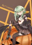  absurdres arm_warmers bandages belt black_cape black_footwear black_legwear black_sclera blush boots braid breasts brown_background brown_skirt cape full_body girls_frontline green_eyes green_hair hair_ornament hairclip halloween hand_on_own_leg heterochromia highres hood hood_down jack-o'-lantern knee_up knife long_hair looking_at_viewer medium_breasts mismatched_sclera pantyhose pointy_ears shaoxiao simple_background sitting skirt solo tac-50_(girls_frontline) torn_clothes torn_legwear 