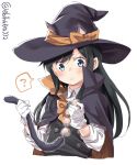  ? anal_tail animal_ears asashio_(kantai_collection) black_hair blue_eyes blush cat_ears closed_mouth commentary ebifurya fake_tail gloves halloween halloween_costume happy_halloween hat highres kantai_collection long_hair long_sleeves looking_at_viewer remodel_(kantai_collection) school_uniform shirt short_sleeves simple_background solo tail white_background white_gloves white_shirt witch witch_hat 