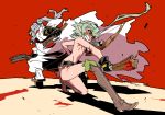  1girl axe belt blood boots bow club commentary_request dwarf_(goblin_slayer) elf gangure_(disemboweled) geta gloves goblin_slayer! green_eyes green_hair grey_hair high_elf_archer_(goblin_slayer!) long_hair pointy_ears ponytail red_background ribs shorts topless weapon 