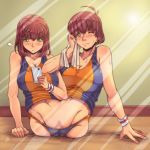  2girls amputee belly blush breasts eyebrows gammatelier multiple_girls navel pubic_hair shirt short_hair sitting smile stomach towel wristband 