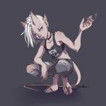  2018 5_fingers clothed clothing demon digital_media_(artwork) female grey_background hair hooves moenkin pink_eyes simple_background smoking solo white_hair 