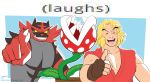  :d artist_name blonde_hair blue_background brown_gloves commentary dougi fingerless_gloves gen_7_pokemon gloves highres incineroar jpeg_artifacts ken_masters laughing mario_(series) open_mouth piranha_plant pixelpulp plant pointing pointing_at_viewer pokemon pokemon_(game) pokemon_sm simple_background smile street_fighter super_mario_bros. super_smash_bros. super_smash_bros._ultimate troll_face upper_body watermark web_address yellow_sclera 