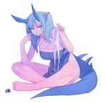  bangs bare_shoulders barefoot blue_eyes blue_hair blue_horns breasts cleavage closed_mouth dragon_girl dragon_horns dragon_tail dress elatius_the_anchorwielder eyeshadow fang fingernails full_body hair_ornament halterneck holding holding_panties horns indian_style large_breasts long_hair looking_at_viewer makeup naughty_face no_panties one_side_up original panties pixiv_fantasia pixiv_fantasia_revenge_of_the_darkness sharp_fingernails sitting solo tail underwear virgosdf white_panties 
