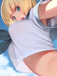  armpit_peek bangs blonde_hair blue_eyes blue_sky blunt_bangs breasts cloud cloudy_sky commentary crop_top crop_top_overhang day eyebrows_visible_through_hair from_below go_robots highres large_breasts looking_at_viewer midriff neckerchief open_mouth original outdoors school_uniform see-through_silhouette serafuku short_hair short_sleeves sky solo 