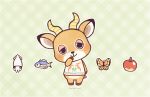  1boy animal_ears apple artist_name ayu_(mog) barefoot blue_eyes blush bottomless bug butterfly closed_mouth deer_ears doubutsu_no_mori fish food fruit full_body furry green_background hand_up happy head_tilt horns insect light_blush looking_at_viewer male_focus nintendo no_humans outline peter_(doubutsu_no_mori) plaid plaid_background shirt signature simple_background sleeveless sleeveless_shirt smile solo squid standing tail white_outline 