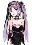  :d andrian_gilang bangs bare_hips black_dress black_sleeves breasts brown_eyes choker cleavage cleavage_cutout cosplay cropped_legs detached_sleeves dress euryale eyebrows_visible_through_hair fang fate/apocrypha fate_(series) floating_hair head_tilt heart_cutout long_hair long_sleeves looking_at_viewer mask mask_on_head open_mouth parted_bangs purple_hair red_collar rider rider_(cosplay) shiny shiny_hair short_dress simple_background sketch sleeveless sleeveless_dress small_breasts smile solo standing striped striped_dress twintails very_long_hair white_background 