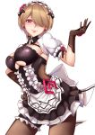 absurdres apron black_gloves black_legwear breasts contrapposto flower frills gloves hair_over_one_eye hand_on_hip highres honkai_impact horns large_breasts light_brown_hair looking_at_viewer maid maid_headdress pantyhose pink_eyes pink_flower pink_lips pink_rose puffy_short_sleeves puffy_sleeves rita_rossweisse rose short_hair short_sleeves shrug_(clothing) simple_background smile solo thigh_strap underboob_cutout waist_apron white_background wo_cai_bushi_zhushou 