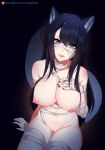  animal_ears artist_name bandages bangs black_hair black_nails blue_eyes breasts commentary english_commentary eyebrows_visible_through_hair eyes_visible_through_hair fox_ears fox_tail hand_on_own_chest head_tilt large_breasts light_smile long_hair looking_at_viewer nail_polish naked_bandage navel nipples original parted_lips patreon_username pussy reiko_(tofuubear) solo tail tofuubear uncensored 