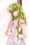  bangs breasts c.c. cleavage code_geass collarbone eyebrows_visible_through_hair green_hair hair_between_eyes long_hair medium_breasts meimi_k naked_sheet parted_lips shiny shiny_hair sideboob simple_background solo standing very_long_hair wet white_background yellow_eyes 
